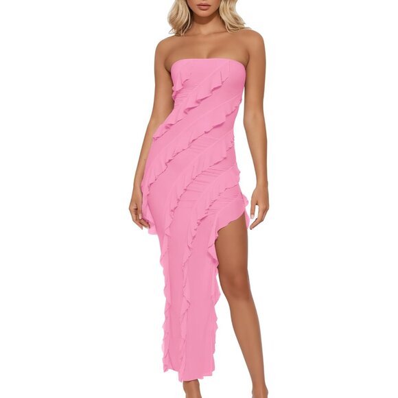 Women's Strapless Bodycon Ruffle Dress Cocktail Party Plus Size - Picture 1 of 5